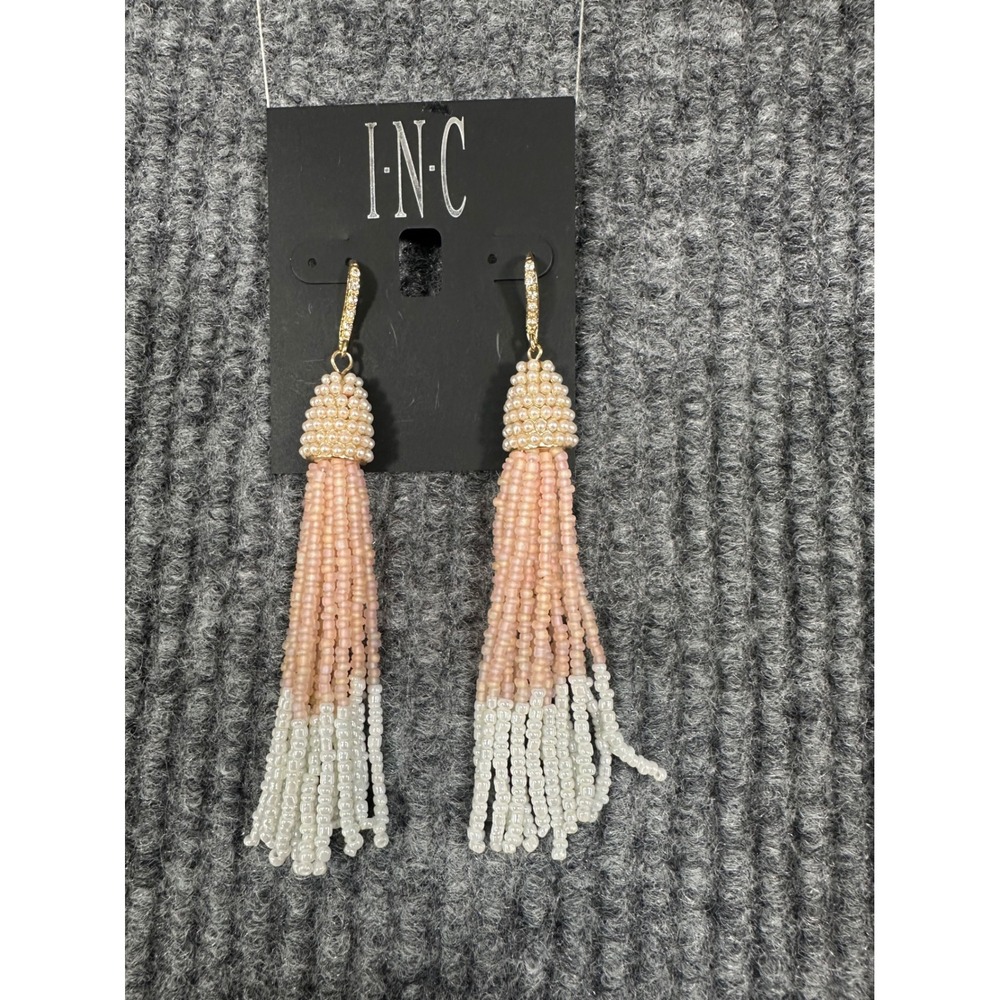 INC Tassel Earrings Women OS Pink White NEW Ombre Seed Bead Pearl Drop Statement